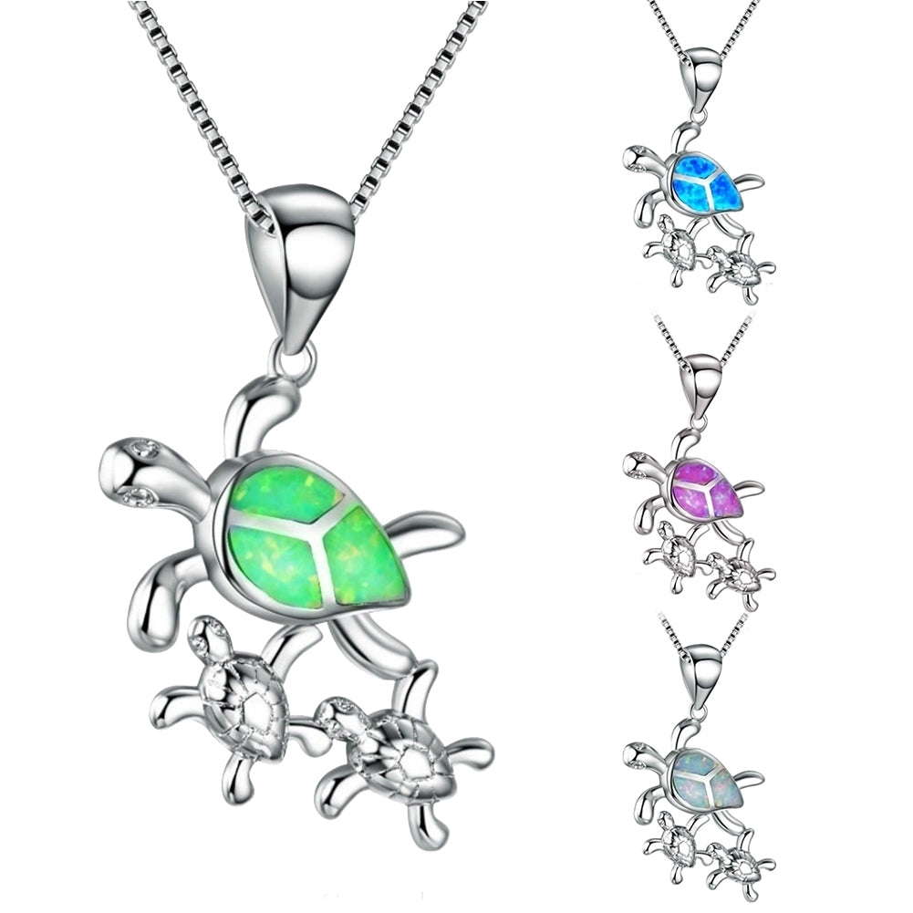 Women Cute Mom Baby Turtle Faux Opal Inlaid Pendant Necklace Animal Jewelry Image 1