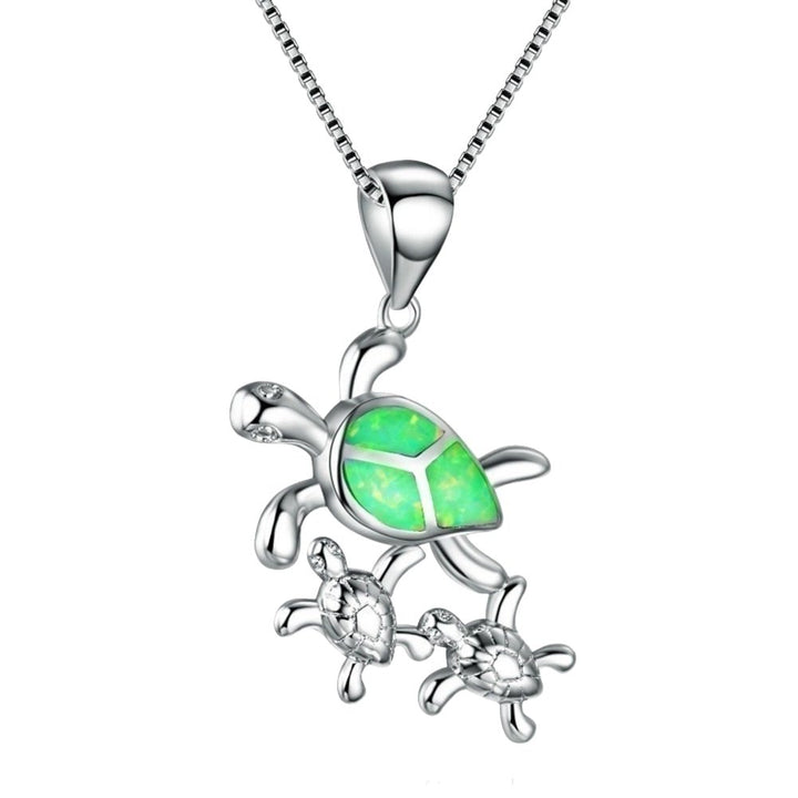 Women Cute Mom Baby Turtle Faux Opal Inlaid Pendant Necklace Animal Jewelry Image 2