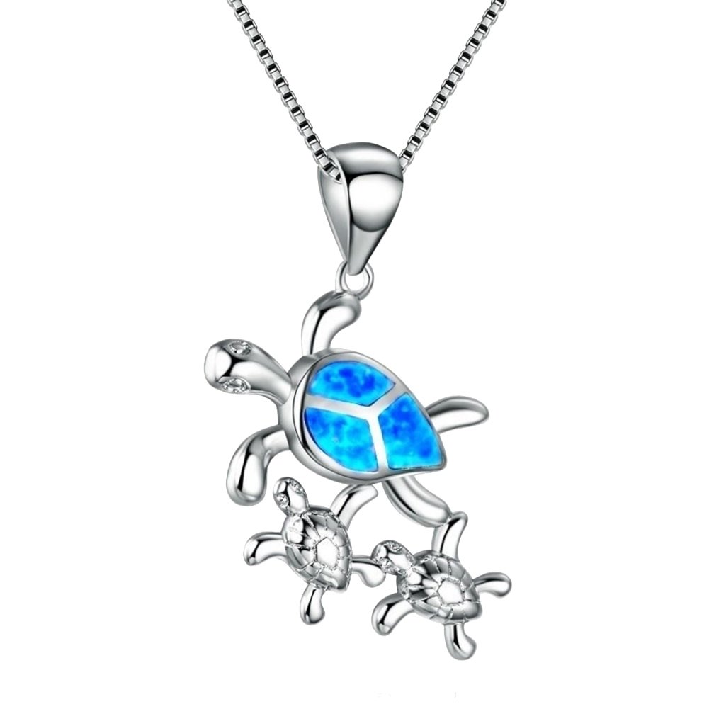 Women Cute Mom Baby Turtle Faux Opal Inlaid Pendant Necklace Animal Jewelry Image 3