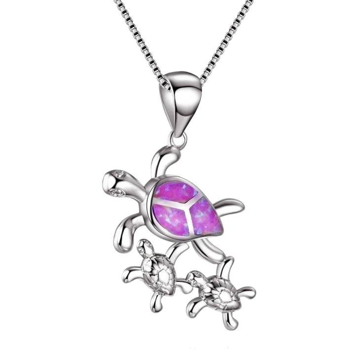 Women Cute Mom Baby Turtle Faux Opal Inlaid Pendant Necklace Animal Jewelry Image 4