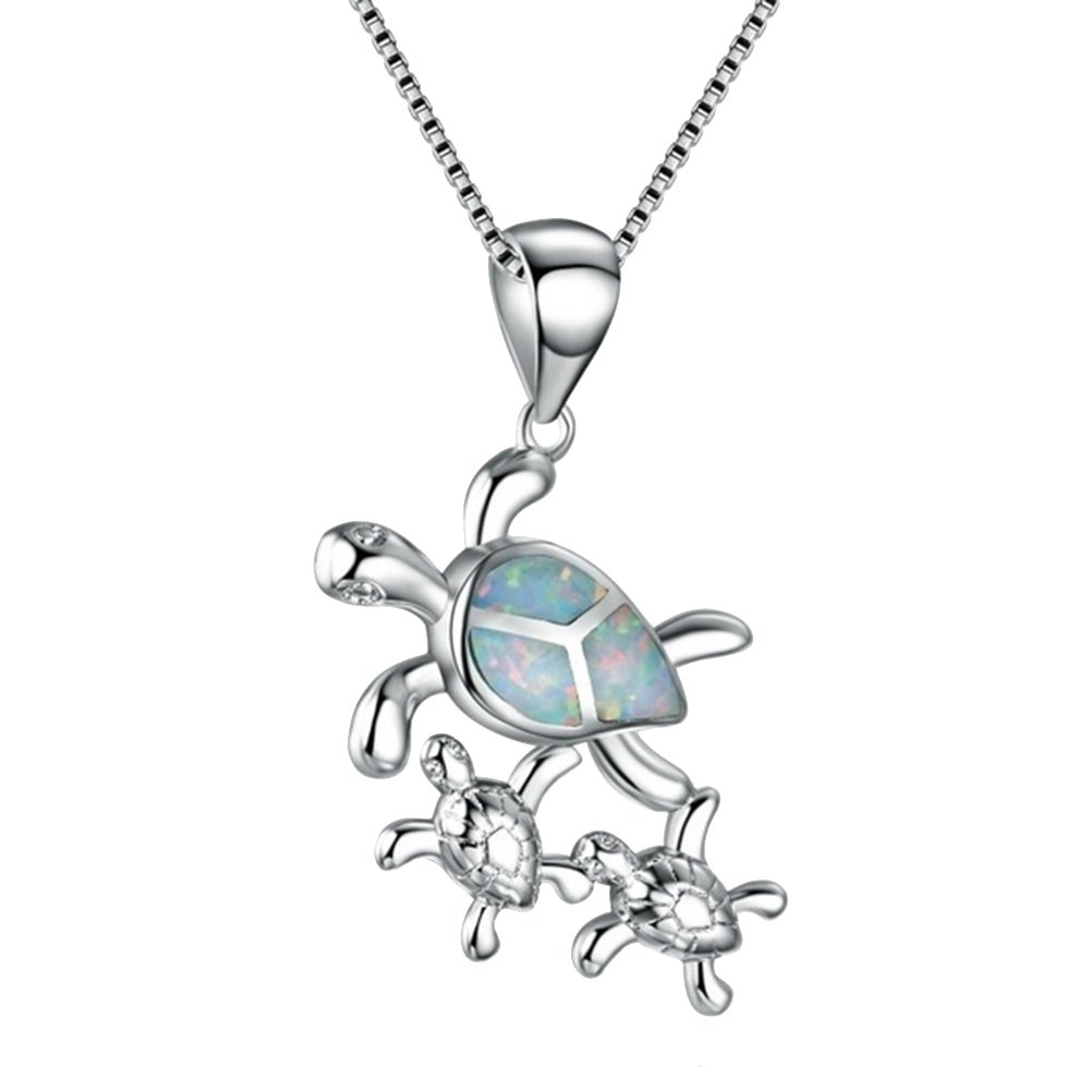 Women Cute Mom Baby Turtle Faux Opal Inlaid Pendant Necklace Animal Jewelry Image 4