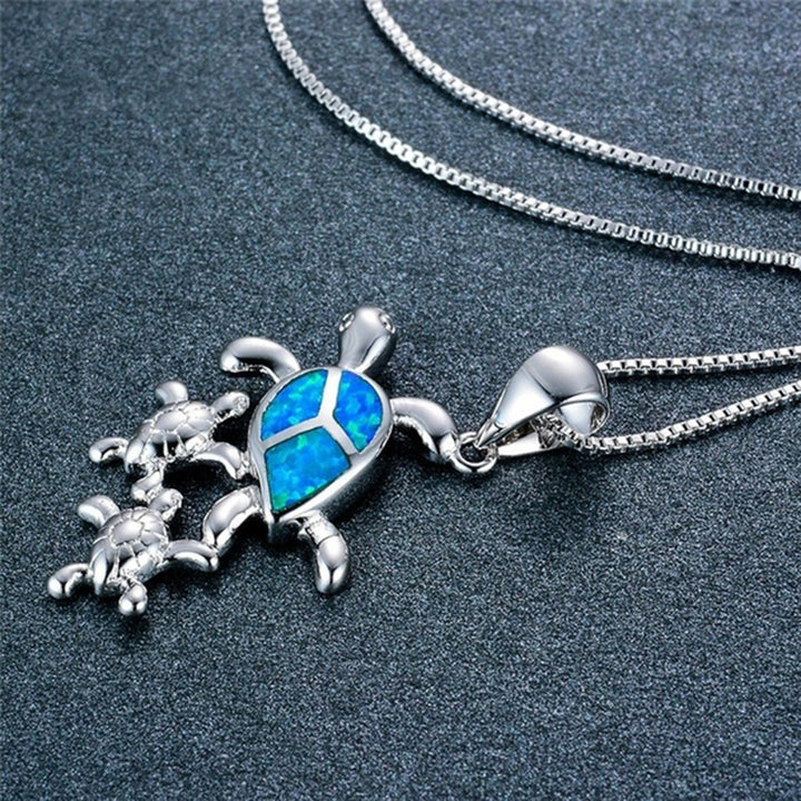 Women Cute Mom Baby Turtle Faux Opal Inlaid Pendant Necklace Animal Jewelry Image 7