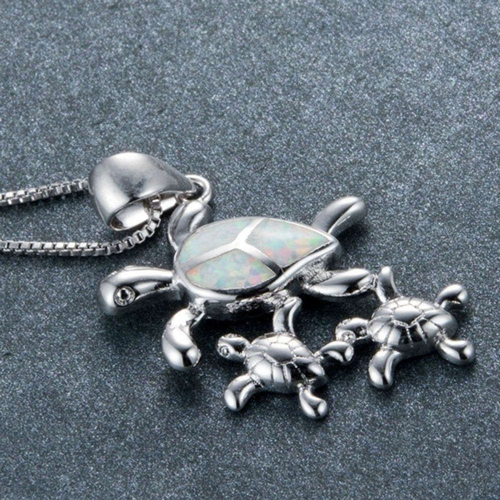 Women Cute Mom Baby Turtle Faux Opal Inlaid Pendant Necklace Animal Jewelry Image 8