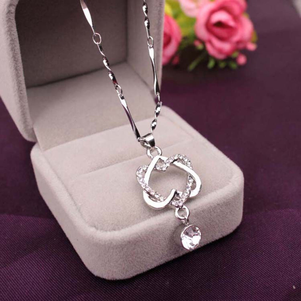 Women Double Heart Concentric Pendant Rhinestone Inlaid Chain Necklace Jewelry Image 1