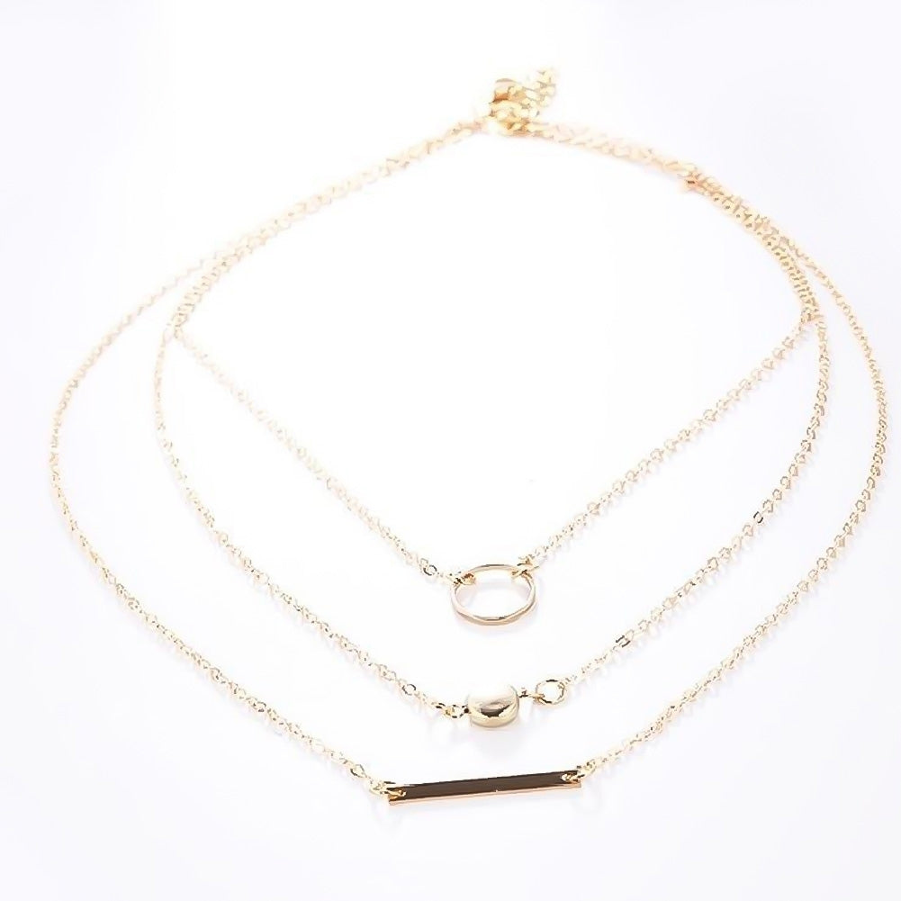 Fashion Metal Disc Bar Ring Pendant Multilayer Clavicle Chain Necklace Jewelry Image 3