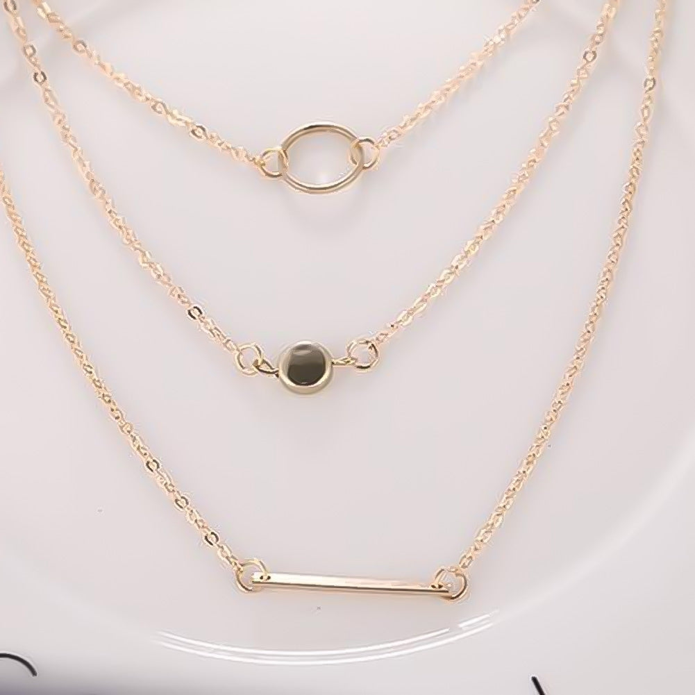 Fashion Metal Disc Bar Ring Pendant Multilayer Clavicle Chain Necklace Jewelry Image 4