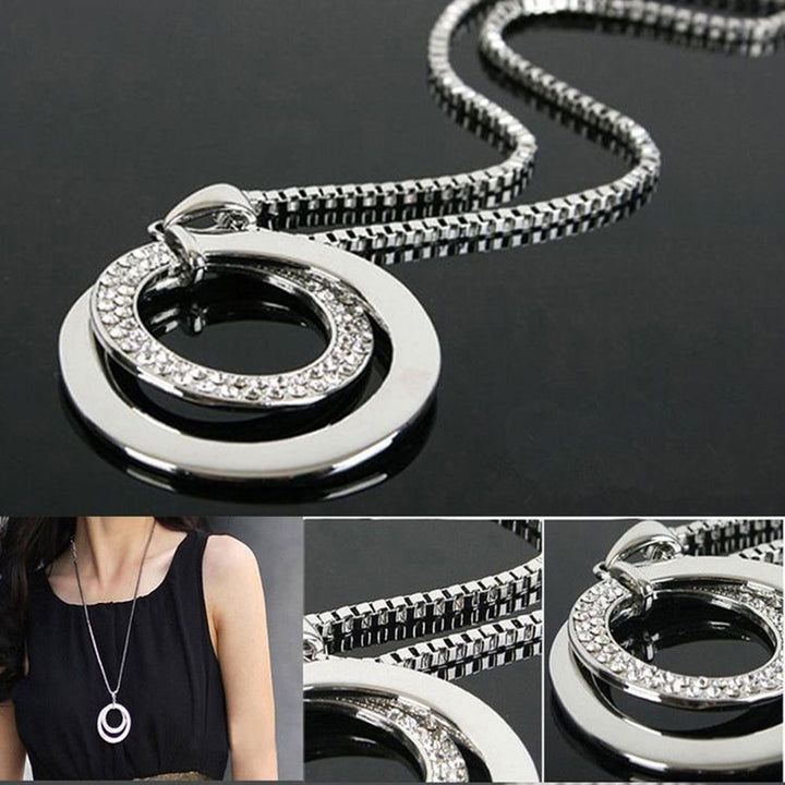 Women Fashion Double Circles Rhinestone Inlaid Long Chain Necklace Jewelry Gift Image 1