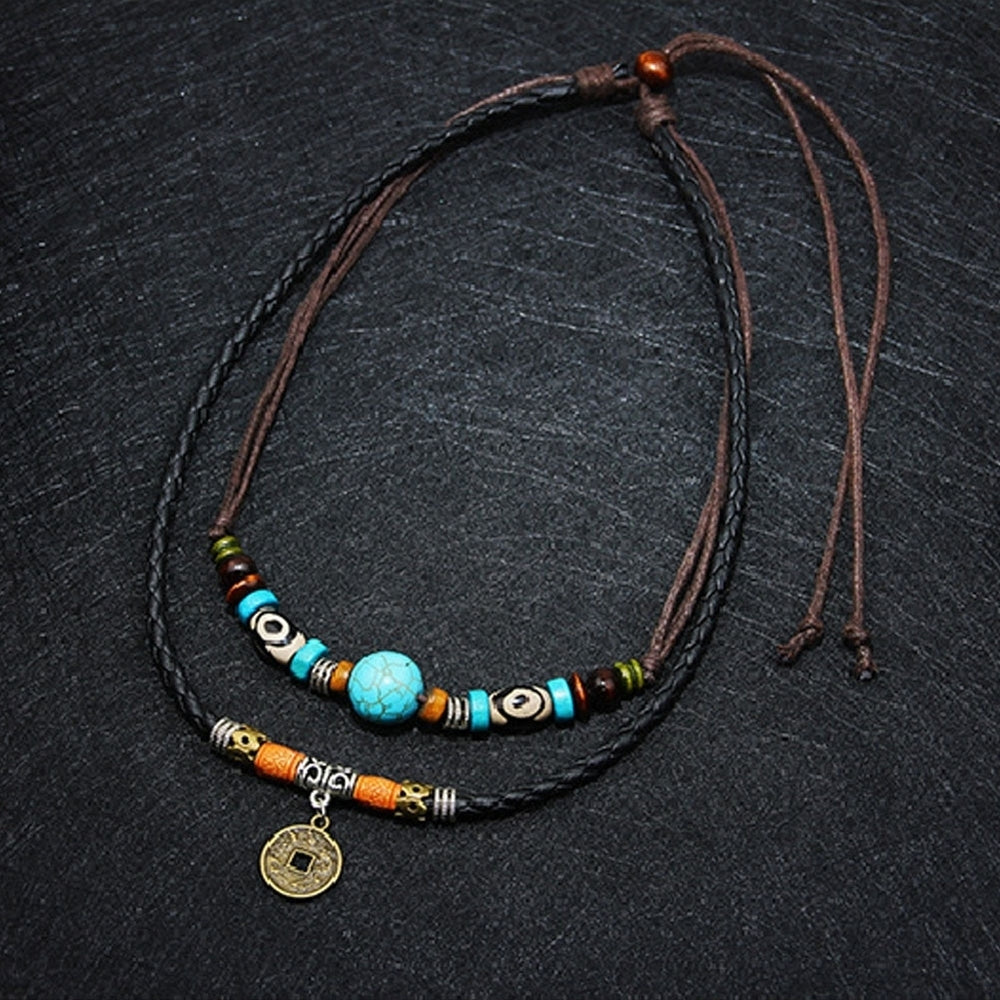 Men Multilayer Faux Turquoise Bead Coin Pendant Choker Necklace Jewelry Gift Image 2