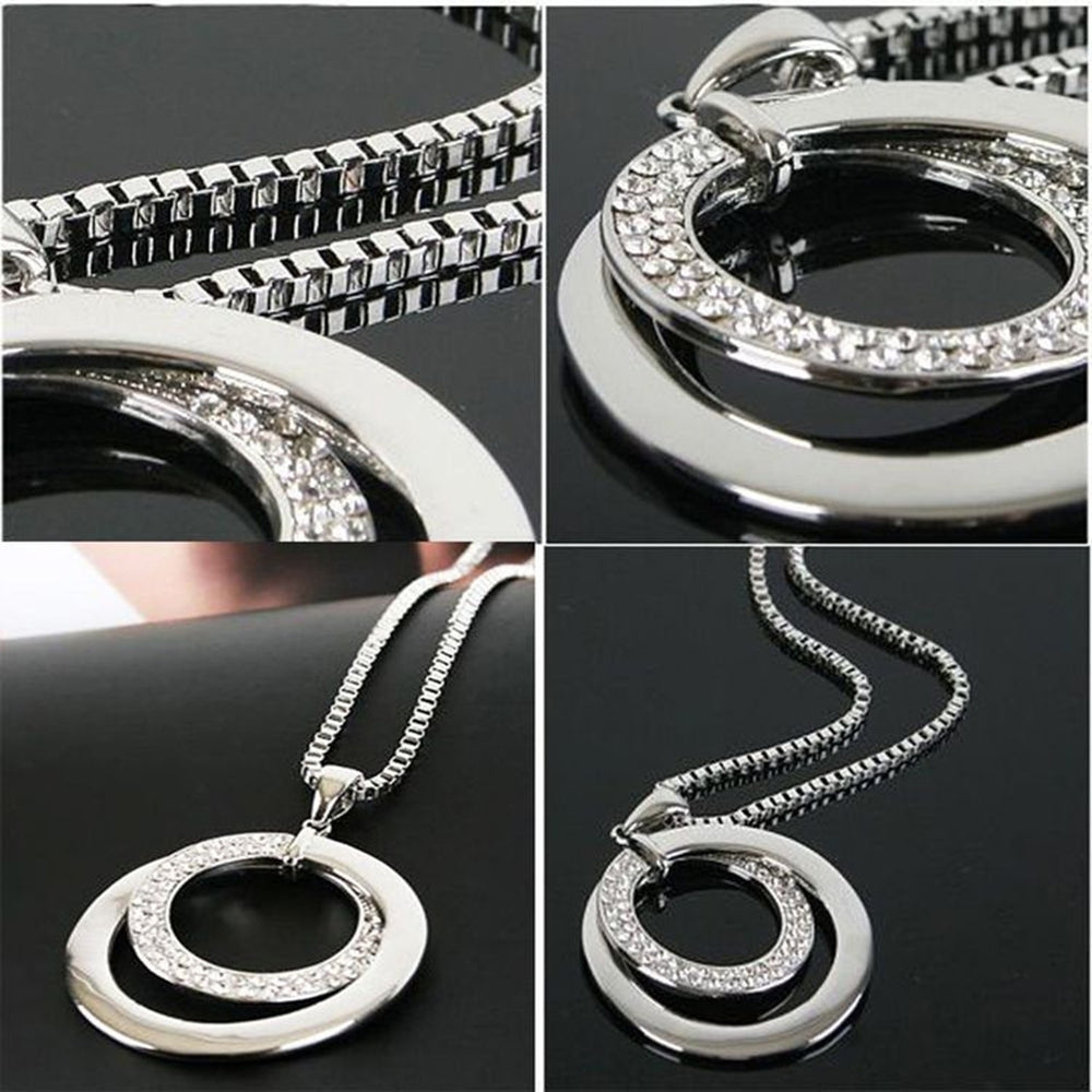 Women Fashion Double Circles Rhinestone Inlaid Long Chain Necklace Jewelry Gift Image 2