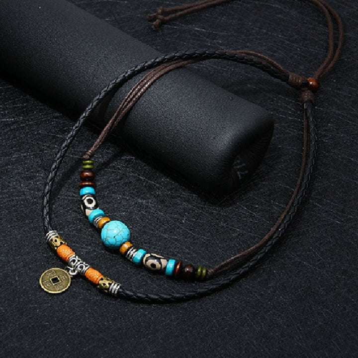 Men Multilayer Faux Turquoise Bead Coin Pendant Choker Necklace Jewelry Gift Image 3