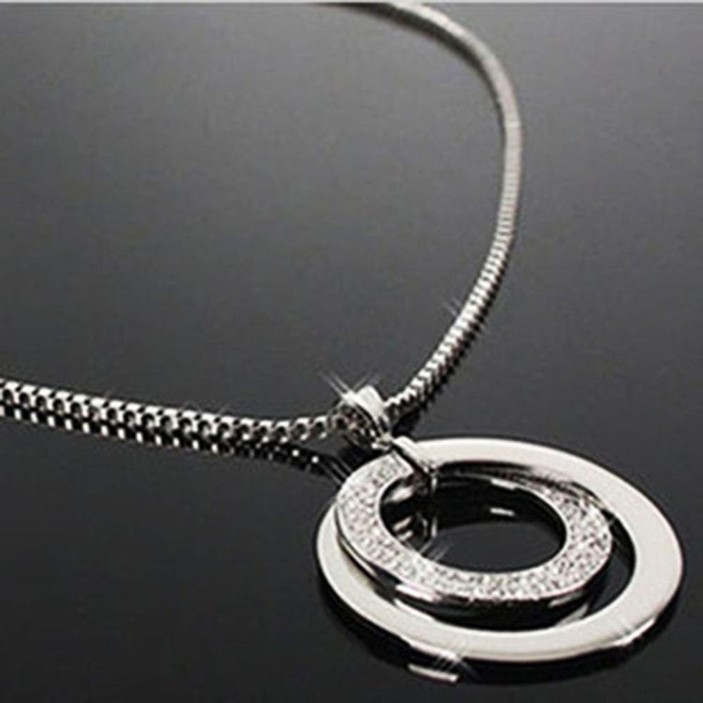 Women Fashion Double Circles Rhinestone Inlaid Long Chain Necklace Jewelry Gift Image 3