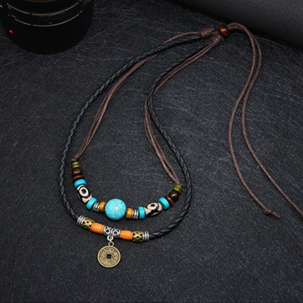 Men Multilayer Faux Turquoise Bead Coin Pendant Choker Necklace Jewelry Gift Image 4