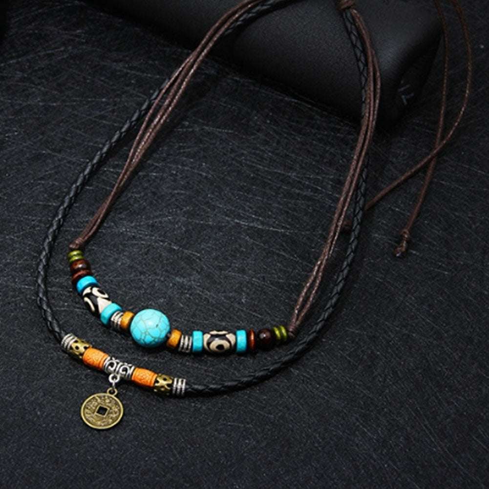 Men Multilayer Faux Turquoise Bead Coin Pendant Choker Necklace Jewelry Gift Image 4