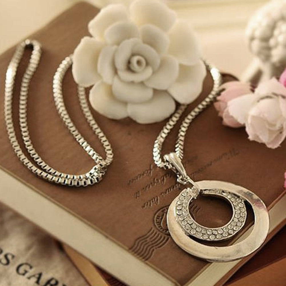 Women Fashion Double Circles Rhinestone Inlaid Long Chain Necklace Jewelry Gift Image 4