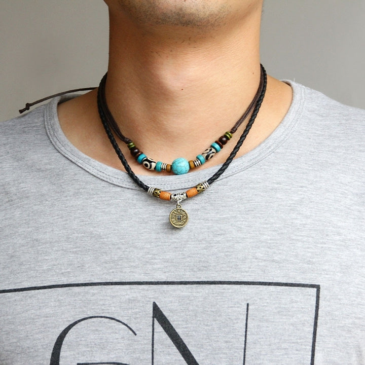 Men Multilayer Faux Turquoise Bead Coin Pendant Choker Necklace Jewelry Gift Image 6