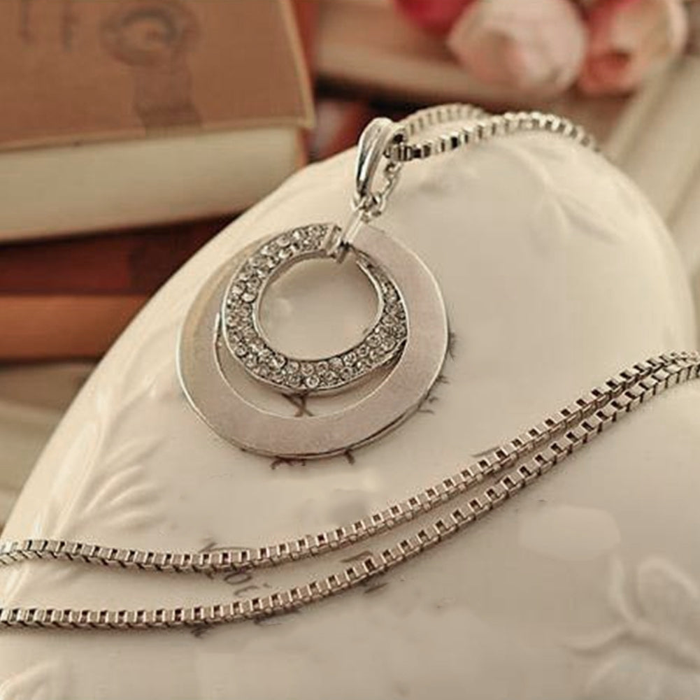 Women Fashion Double Circles Rhinestone Inlaid Long Chain Necklace Jewelry Gift Image 7