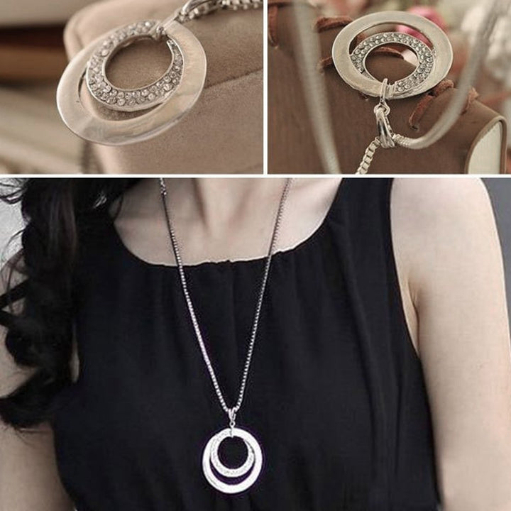 Women Fashion Double Circles Rhinestone Inlaid Long Chain Necklace Jewelry Gift Image 9