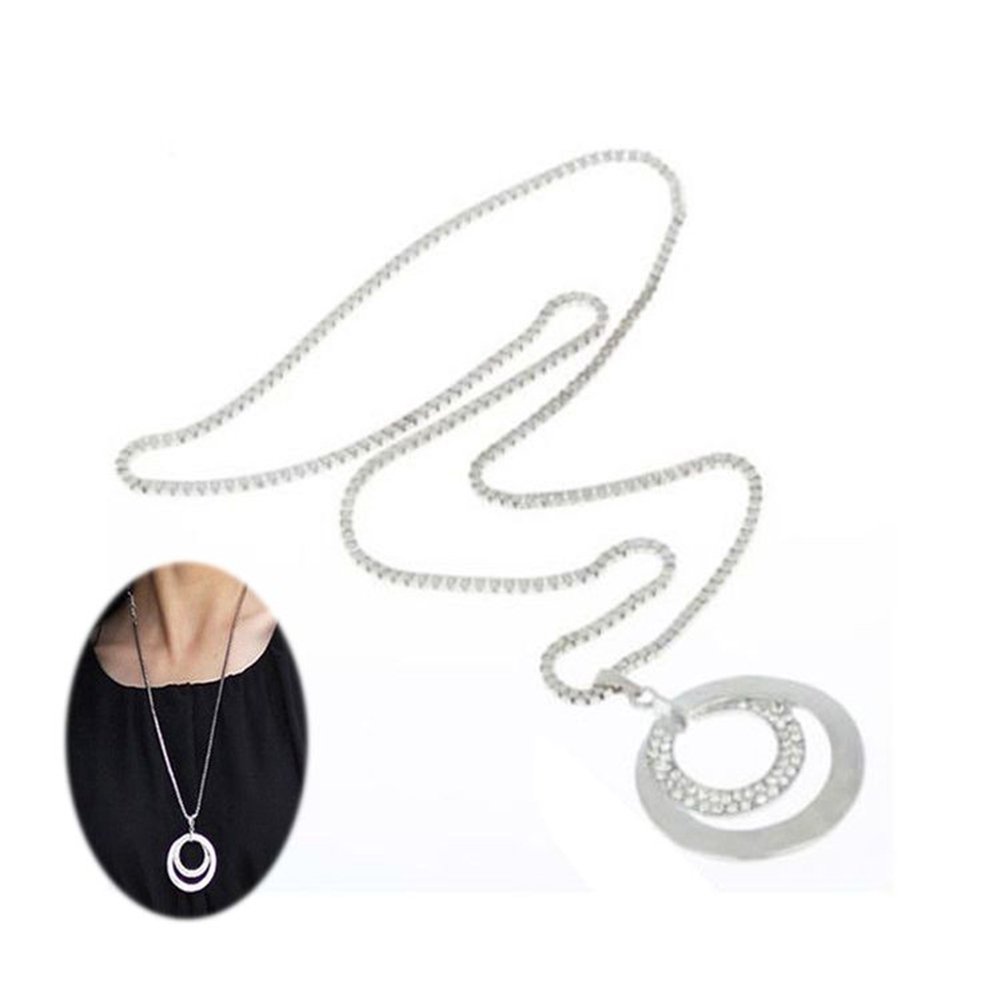 Women Fashion Double Circles Rhinestone Inlaid Long Chain Necklace Jewelry Gift Image 10