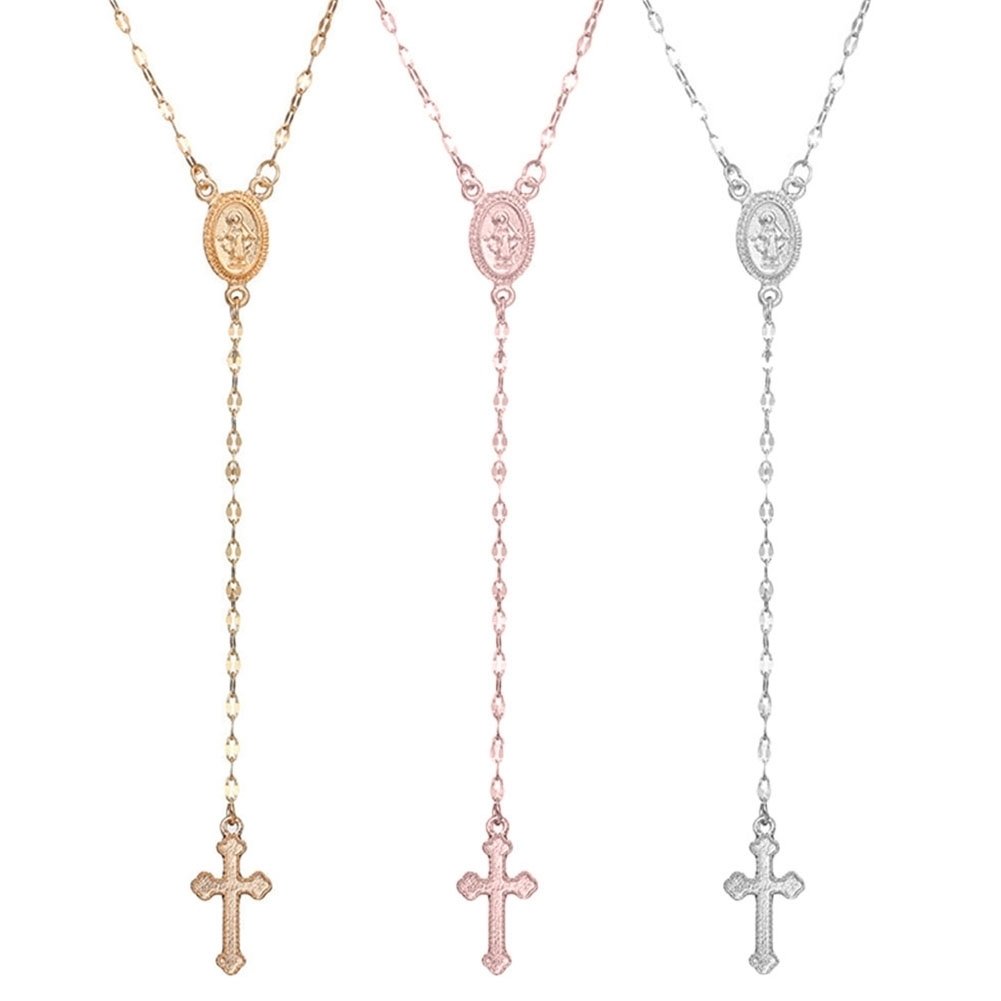 Simple Women Cross Virgin Mary Oval Charm Lariat Y Necklace Religious Jewelry Gift Image 1