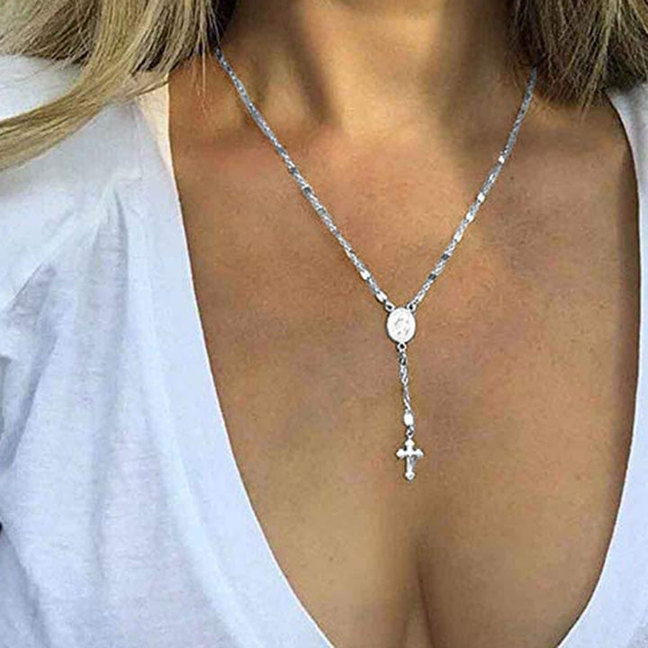 Simple Women Cross Virgin Mary Oval Charm Lariat Y Necklace Religious Jewelry Gift Image 4