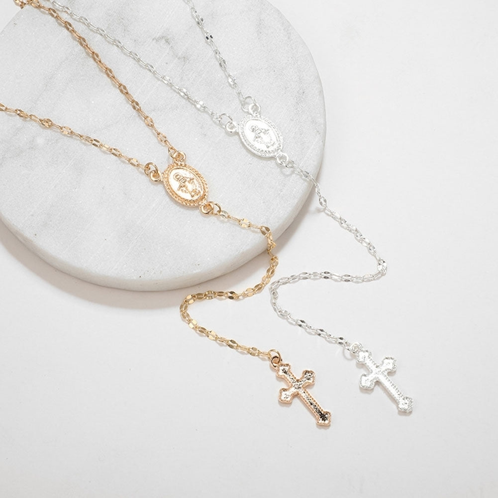 Simple Women Cross Virgin Mary Oval Charm Lariat Y Necklace Religious Jewelry Gift Image 8