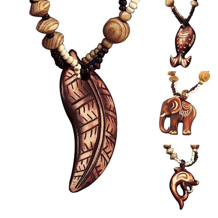 Boho Women Elephant Dolphin Fish Animal Leaf Pendant Beaded Wooden Long Necklace Image 1