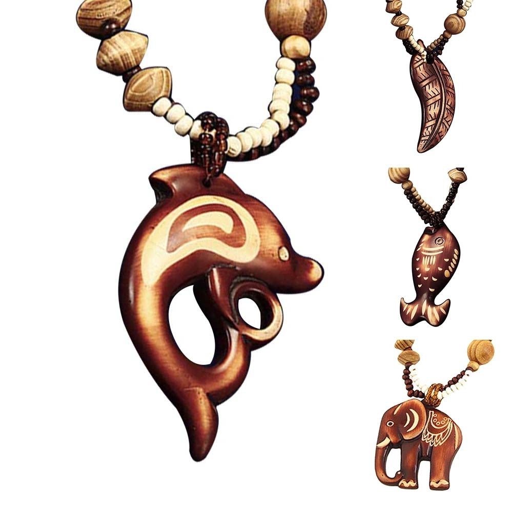 Boho Women Elephant Dolphin Fish Animal Leaf Pendant Beaded Wooden Long Necklace Image 2