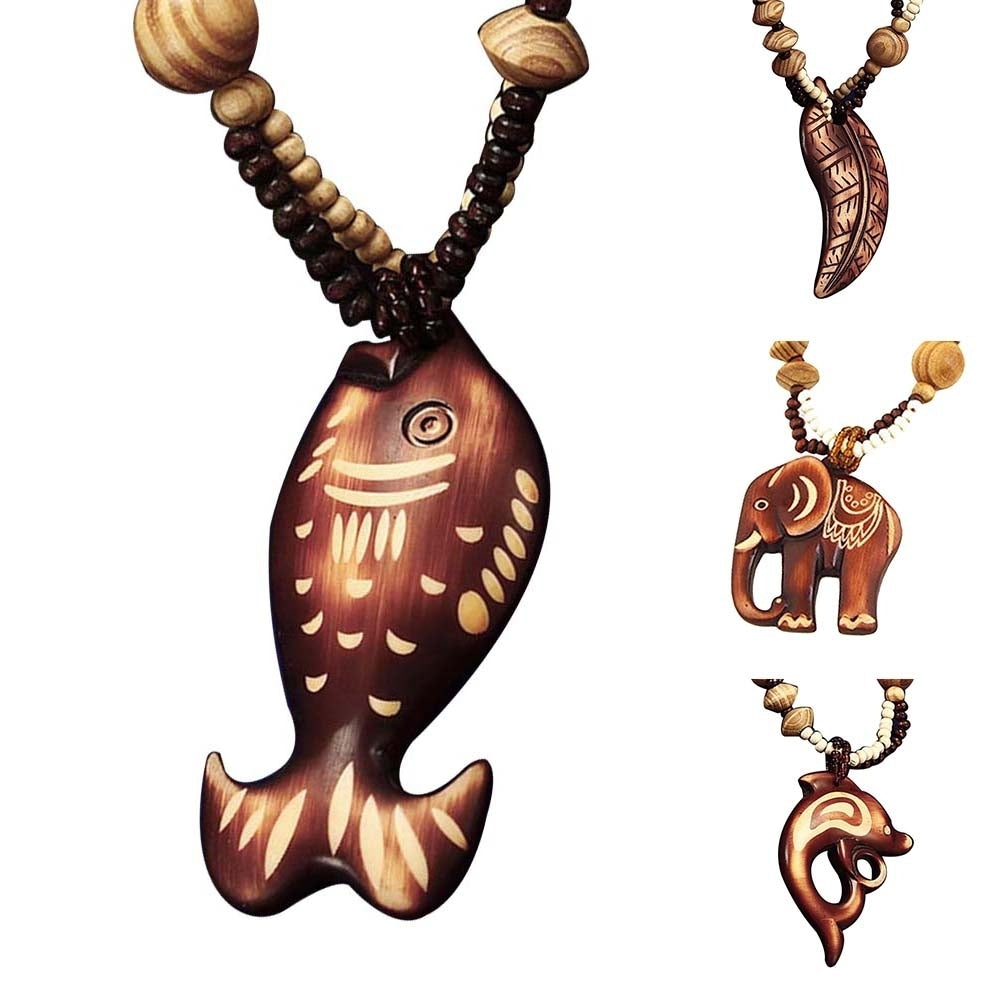 Boho Women Elephant Dolphin Fish Animal Leaf Pendant Beaded Wooden Long Necklace Image 3