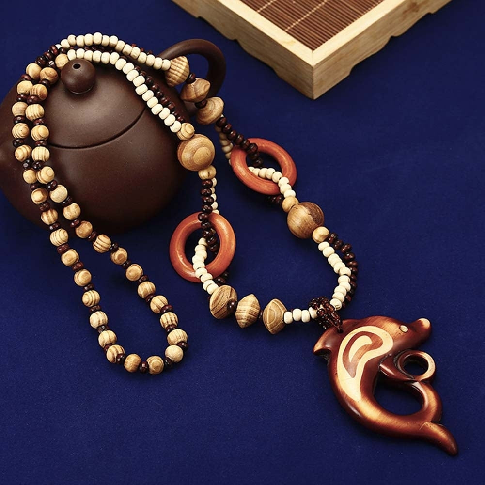 Boho Women Elephant Dolphin Fish Animal Leaf Pendant Beaded Wooden Long Necklace Image 4