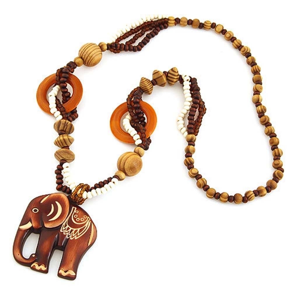 Boho Women Elephant Dolphin Fish Animal Leaf Pendant Beaded Wooden Long Necklace Image 7