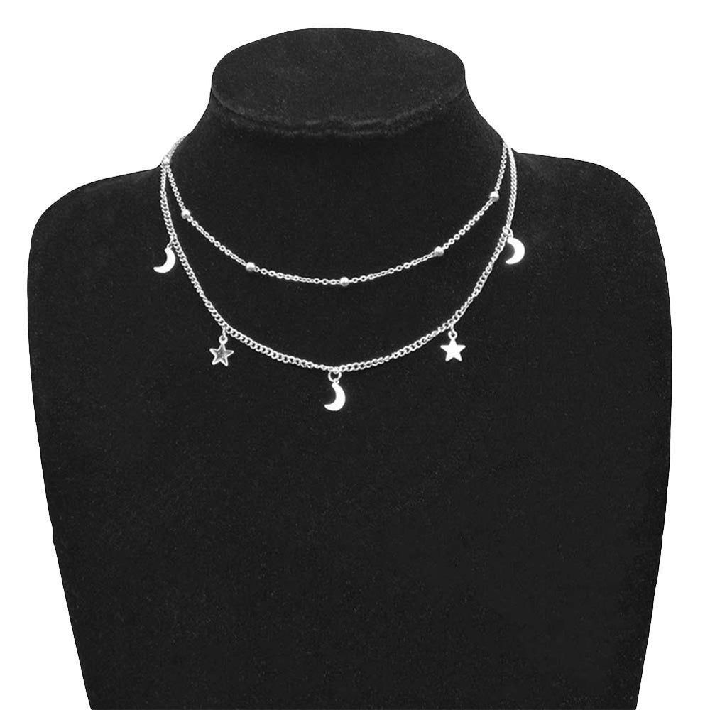 Chic Moon Star Tassel Charm Double Layer Chain Choker Necklace Women Jewelry Image 2