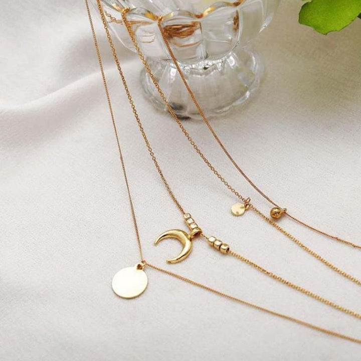 Chic Women Multilayer Chain Metal Disc Moon Charm Necklace Banquet Jewelry Gift Image 3