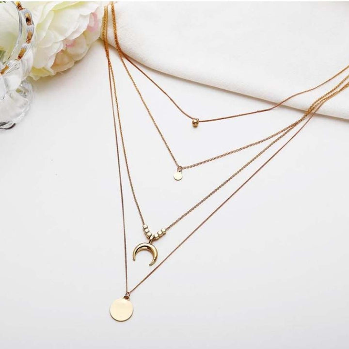 Chic Women Multilayer Chain Metal Disc Moon Charm Necklace Banquet Jewelry Gift Image 4