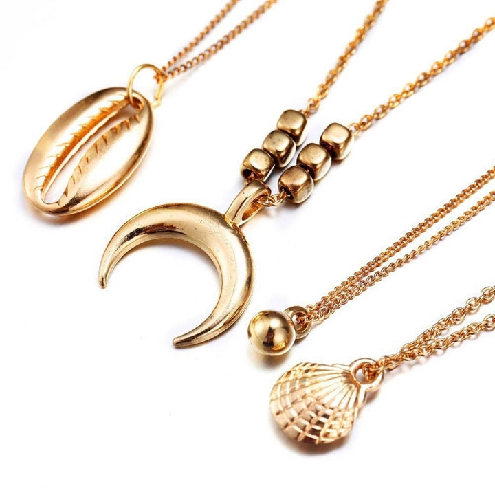 Boho Women Cowrie Shell Moon Metal Ball Charm Multilayer Chain Necklace Jewelry Image 2