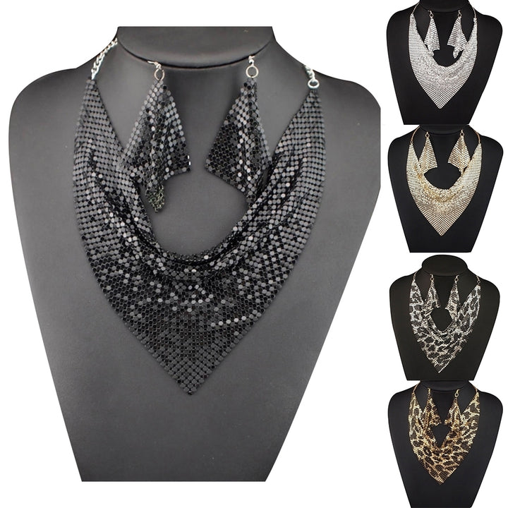 2Pcs Women Triangular Scarf Sequins Charm Statement Bib Necklace Earrings Image 1