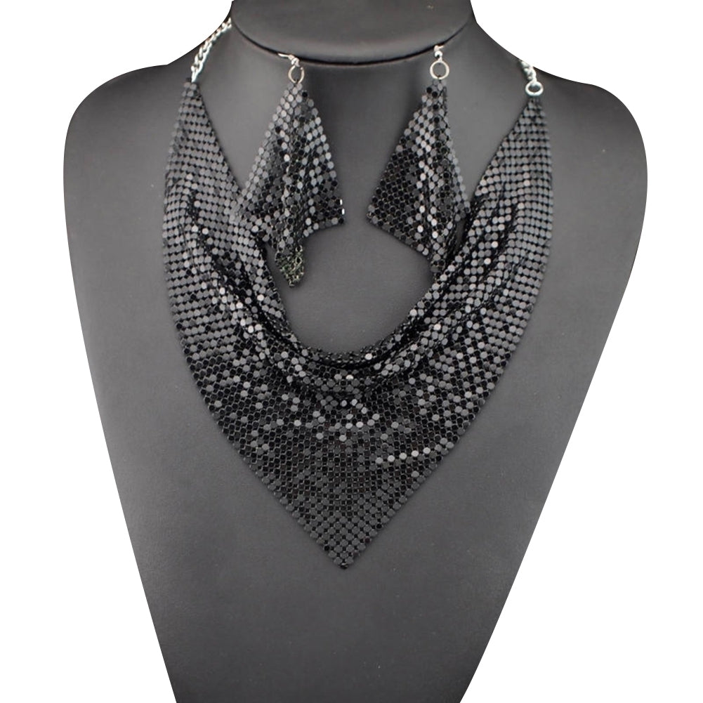 2Pcs Women Triangular Scarf Sequins Charm Statement Bib Necklace Earrings Image 2