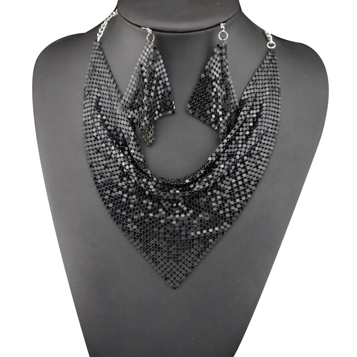 2Pcs Women Triangular Scarf Sequins Charm Statement Bib Necklace Earrings Image 1