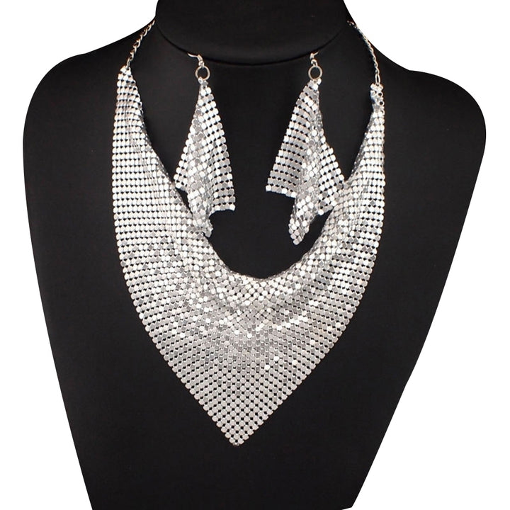 2Pcs Women Triangular Scarf Sequins Charm Statement Bib Necklace Earrings Image 3