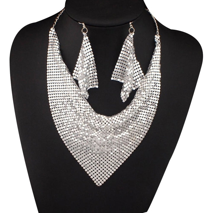 2Pcs Women Triangular Scarf Sequins Charm Statement Bib Necklace Earrings Image 1