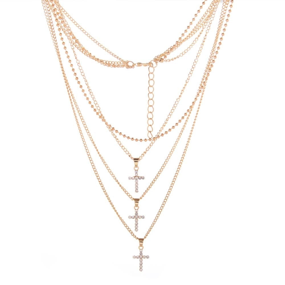 Fashion Women Rhinestone Inlaid Cross Charm Multilayer Chain Choker Necklace Image 1