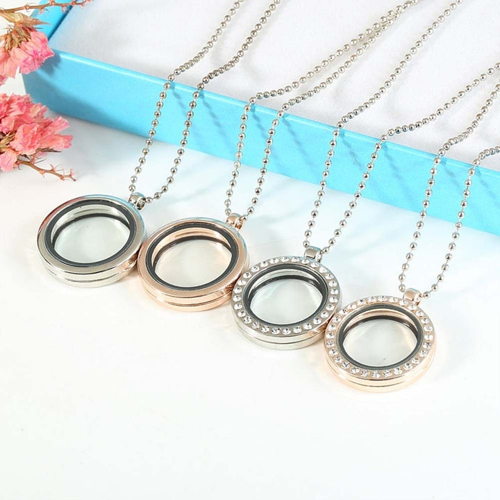 Women Rhinestone Inlaid Living Memory Floating Charm Round Glass Locket Necklace Image 1