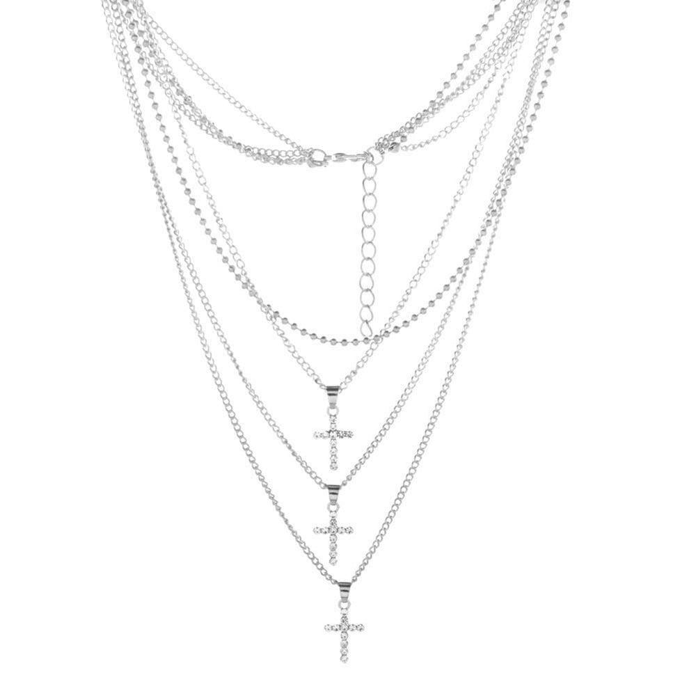 Fashion Women Rhinestone Inlaid Cross Charm Multilayer Chain Choker Necklace Image 2