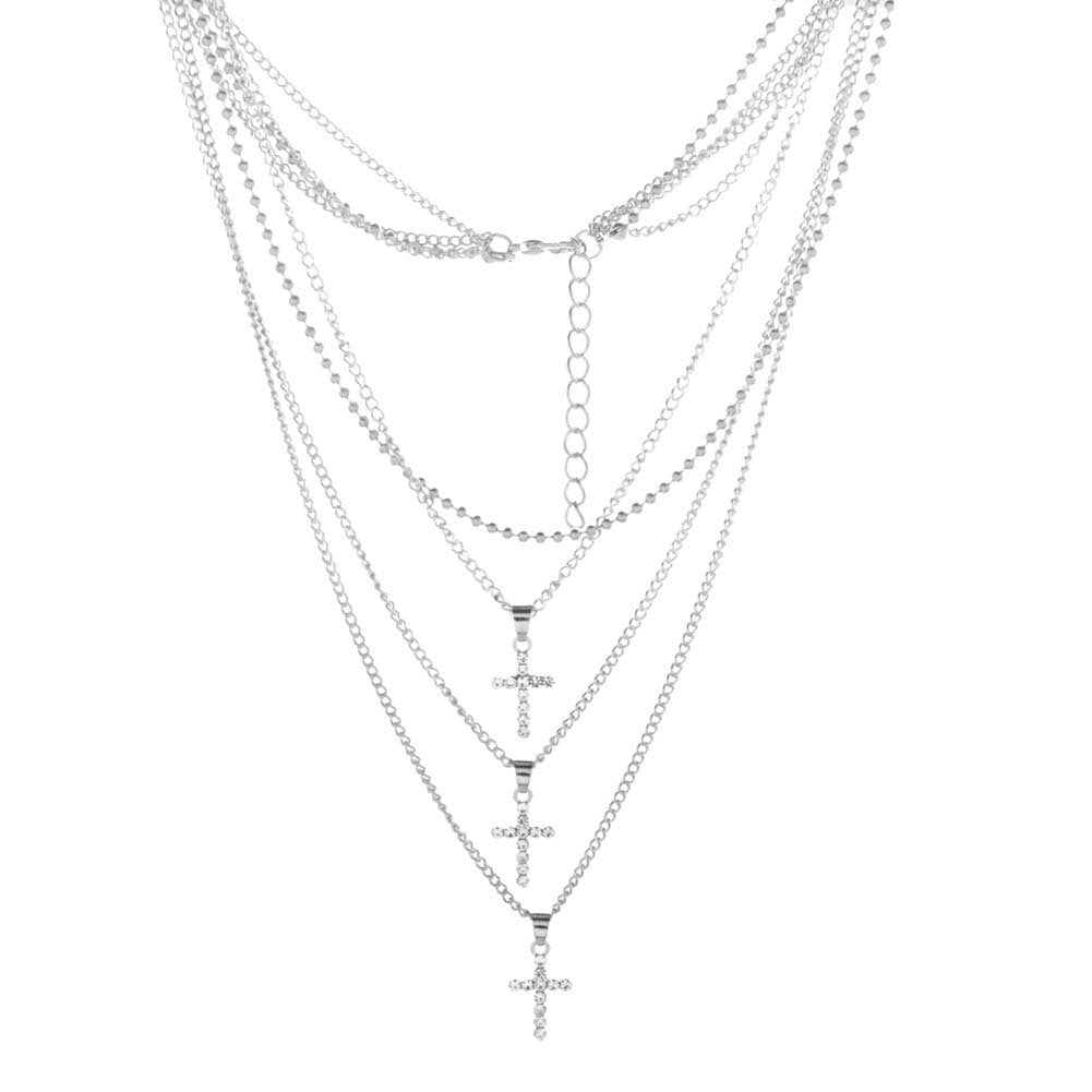 Fashion Women Rhinestone Inlaid Cross Charm Multilayer Chain Choker Necklace Image 2