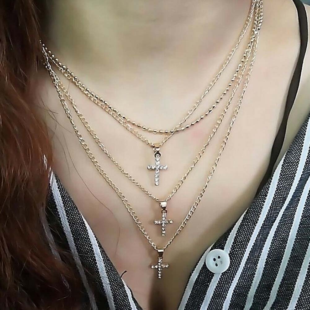 Fashion Women Rhinestone Inlaid Cross Charm Multilayer Chain Choker Necklace Image 3