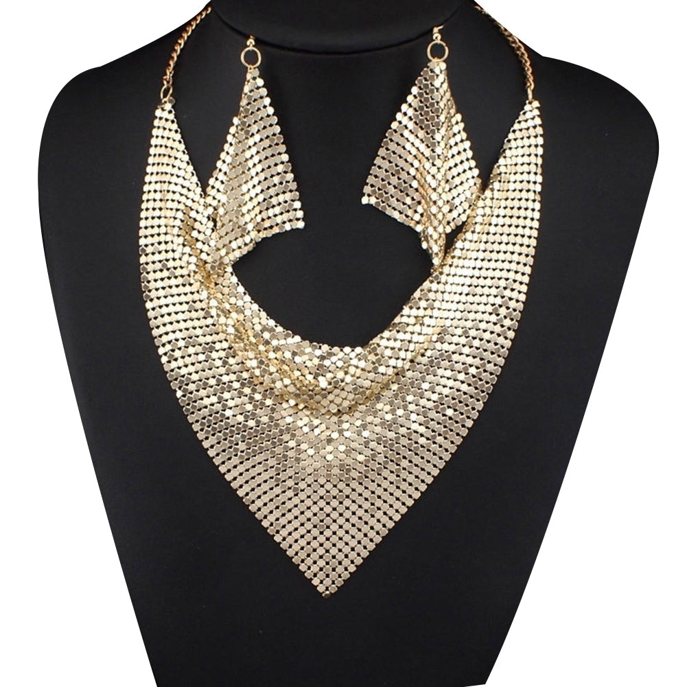 2Pcs Women Triangular Scarf Sequins Charm Statement Bib Necklace Earrings Image 6