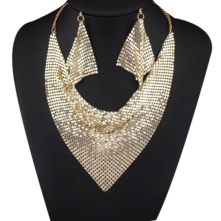 2Pcs Women Triangular Scarf Sequins Charm Statement Bib Necklace Earrings Image 1