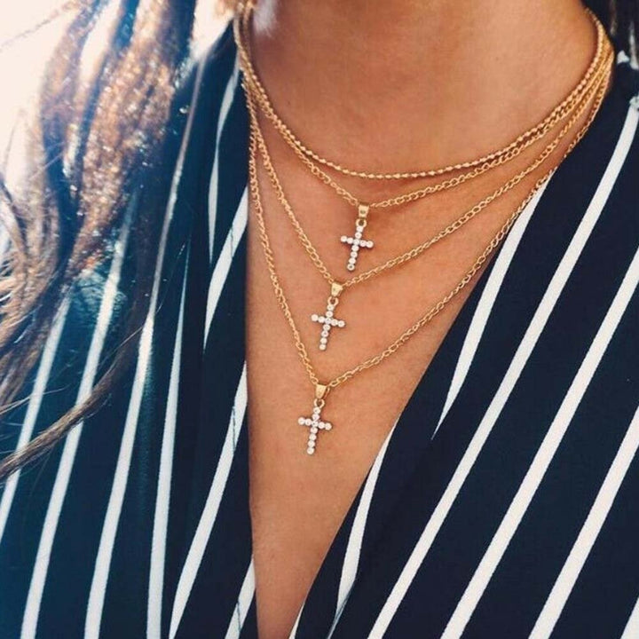 Fashion Women Rhinestone Inlaid Cross Charm Multilayer Chain Choker Necklace Image 4