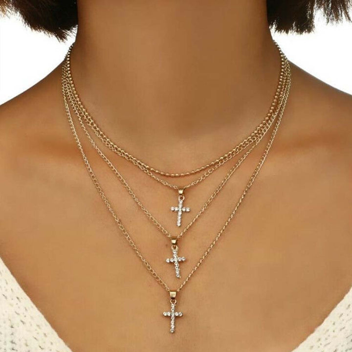 Fashion Women Rhinestone Inlaid Cross Charm Multilayer Chain Choker Necklace Image 4