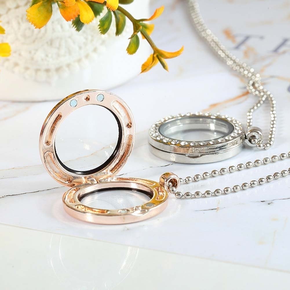 Women Rhinestone Inlaid Living Memory Floating Charm Round Glass Locket Necklace Image 4