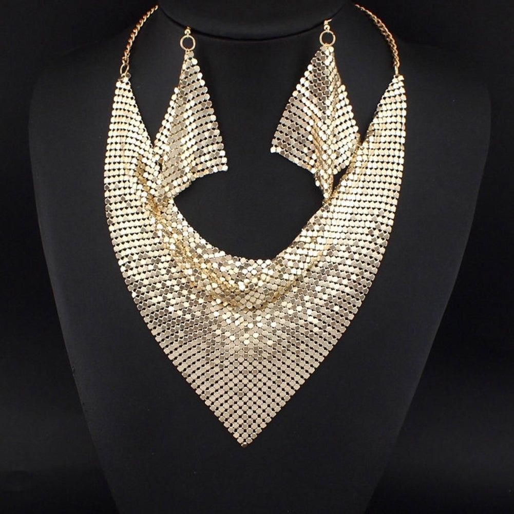 2Pcs Women Triangular Scarf Sequins Charm Statement Bib Necklace Earrings Image 8